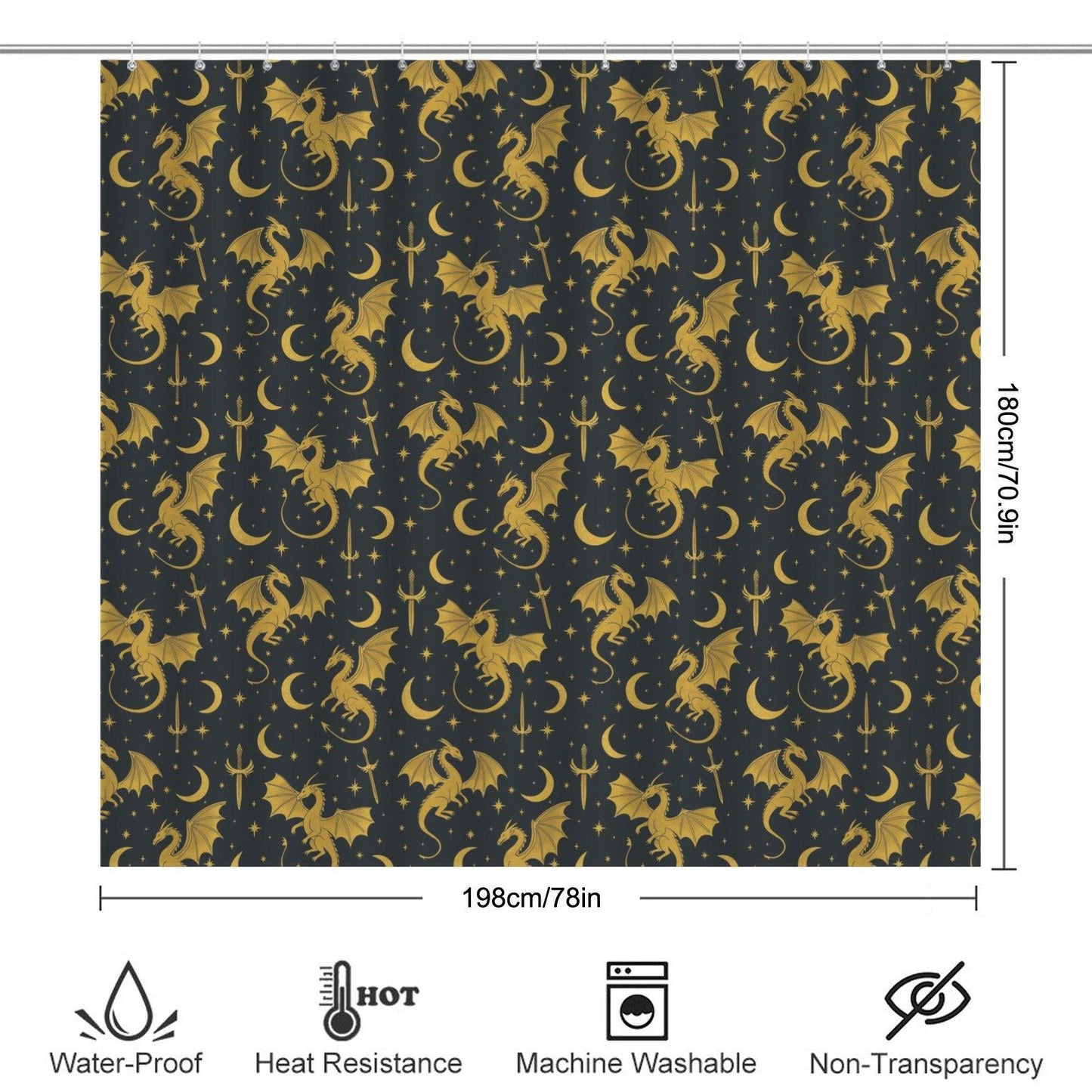 Gold Dragon Celestial Shower Curtain, Moon Star Sword Print Bathroom Decor