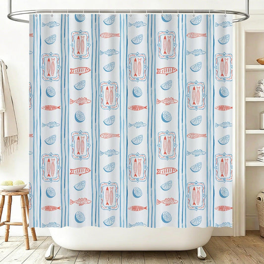 Mediterranean Fish Shower Curtain, Blue Stripe Lemon Bathroom Decor, Coastal Bath Panel