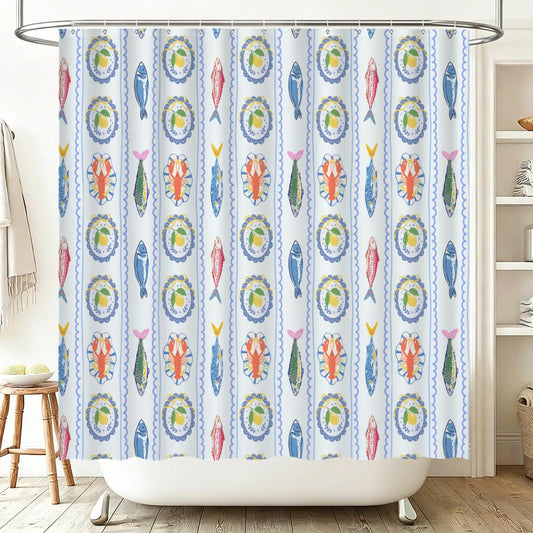 Lemon Lobster Shower Curtain, Italian Riviera Coastal Maximalist Bathroom Decor