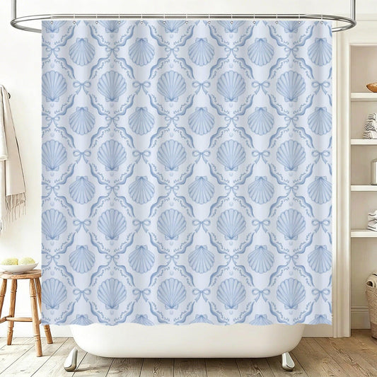 Coastal Seashell Shower Curtain, Blue Bow Bathroom Decor, Beach Cottage Bath Curtain