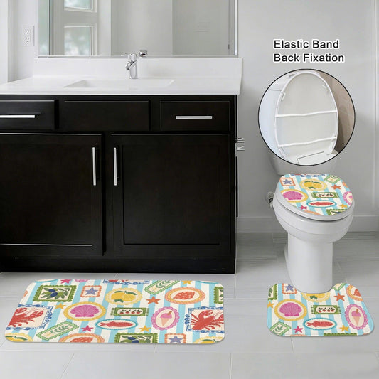 Mediterranean Bath Mat Set, Amalfi Lemon Seashell Rug Trio, Lobster Toilet Cover