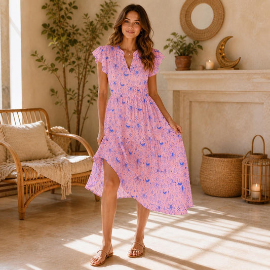 Pink Moth Moon Midi Dress, Fairycore Flutter Sleeve, Pastel Celestial Cottage Outfit