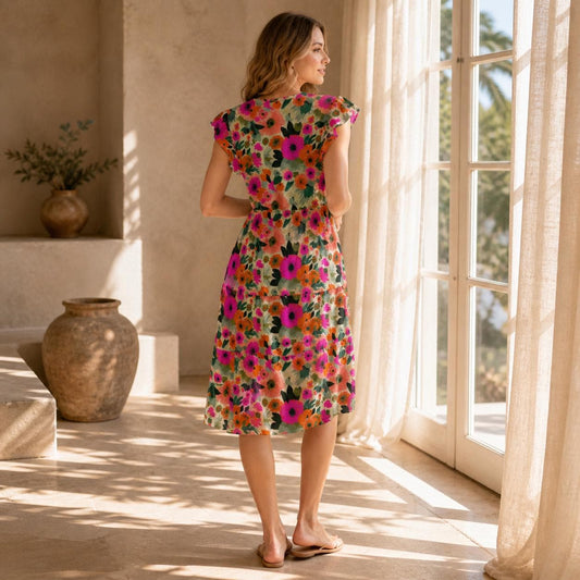 Colorful Floral V-Neck Fit and Flare Dress, Cottage Garden Style, Spring Brunch Sundress