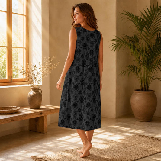 Charcoal Damask Midi Dress, Sleeveless Tiered Baroque Floral Sundress