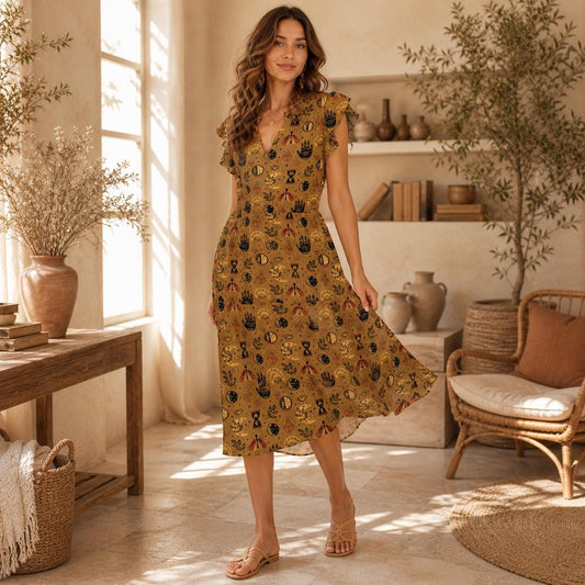 Celestial Print Midi Dress, Moon Phases, Mystical Symbols, Boho Charm, V-Neck, Flowing Silhouette
