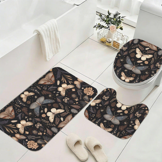 Moth Butterfly Bathroom Rug Set, Dark Cottagecore Toilet Cover, Gothic Nature Bath Decor