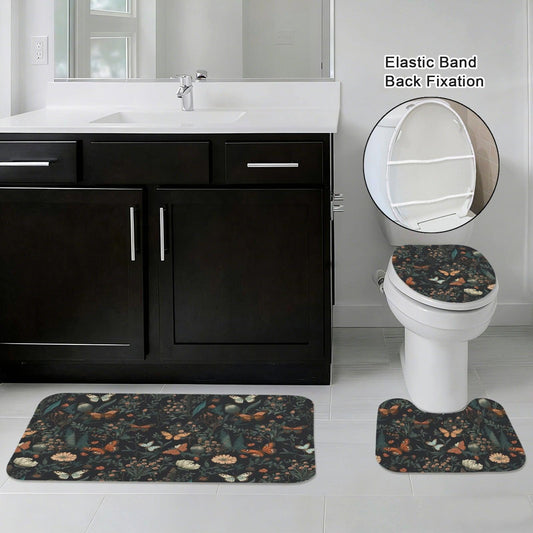 Dark Floral Butterfly Bathroom Rug Set, Moody Botanical Trio Mat Decor
