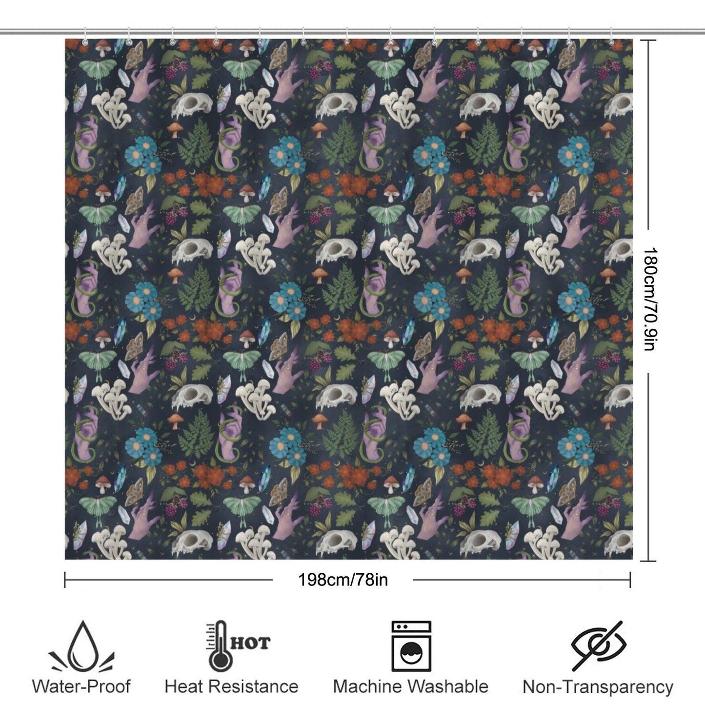 Dark Botanical Mushroom Shower Curtain, Witchy Moth Skull Cottagecore Decor