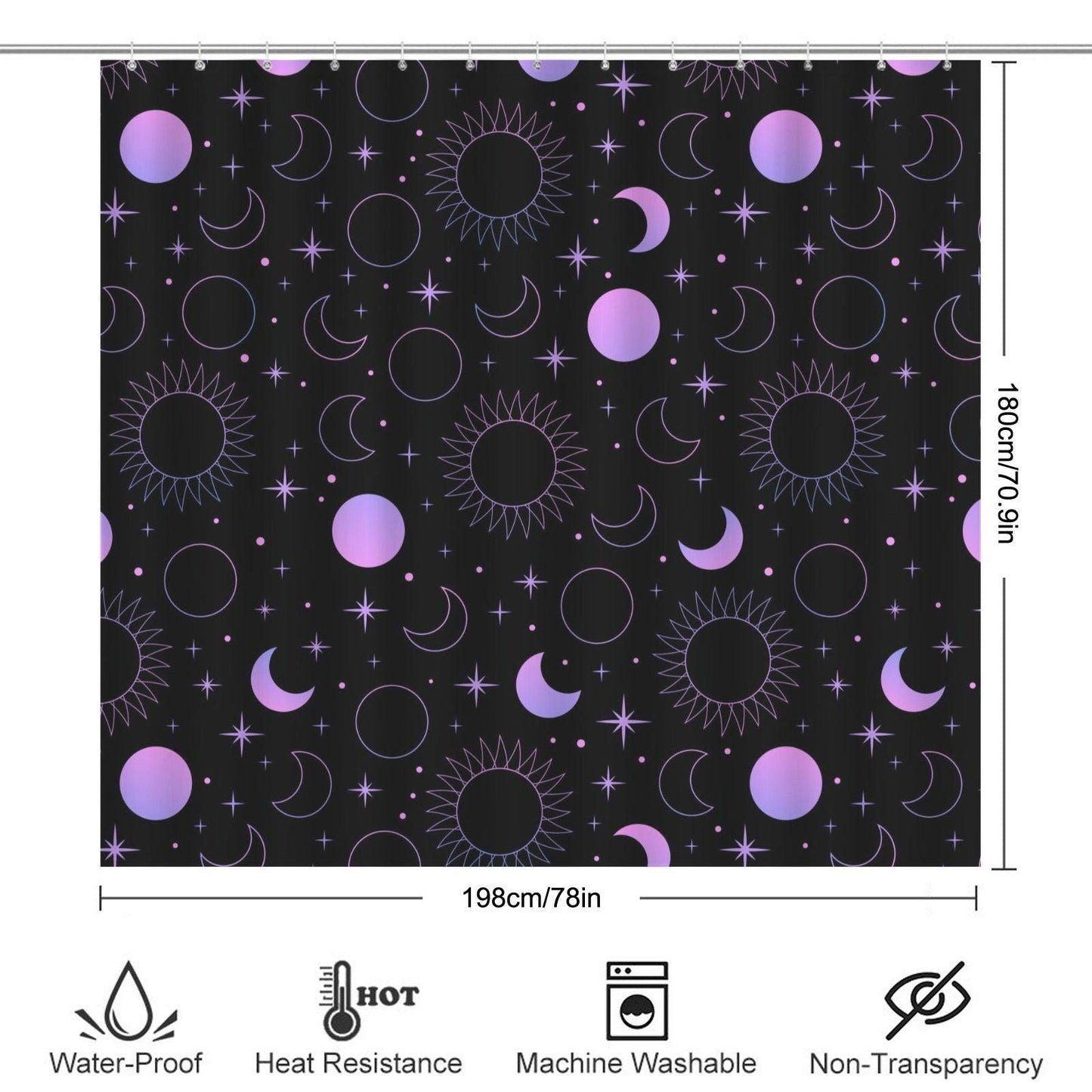 Celestial Sun Moon Shower Curtain, Black Purple Stars Gothic Bathroom Decor