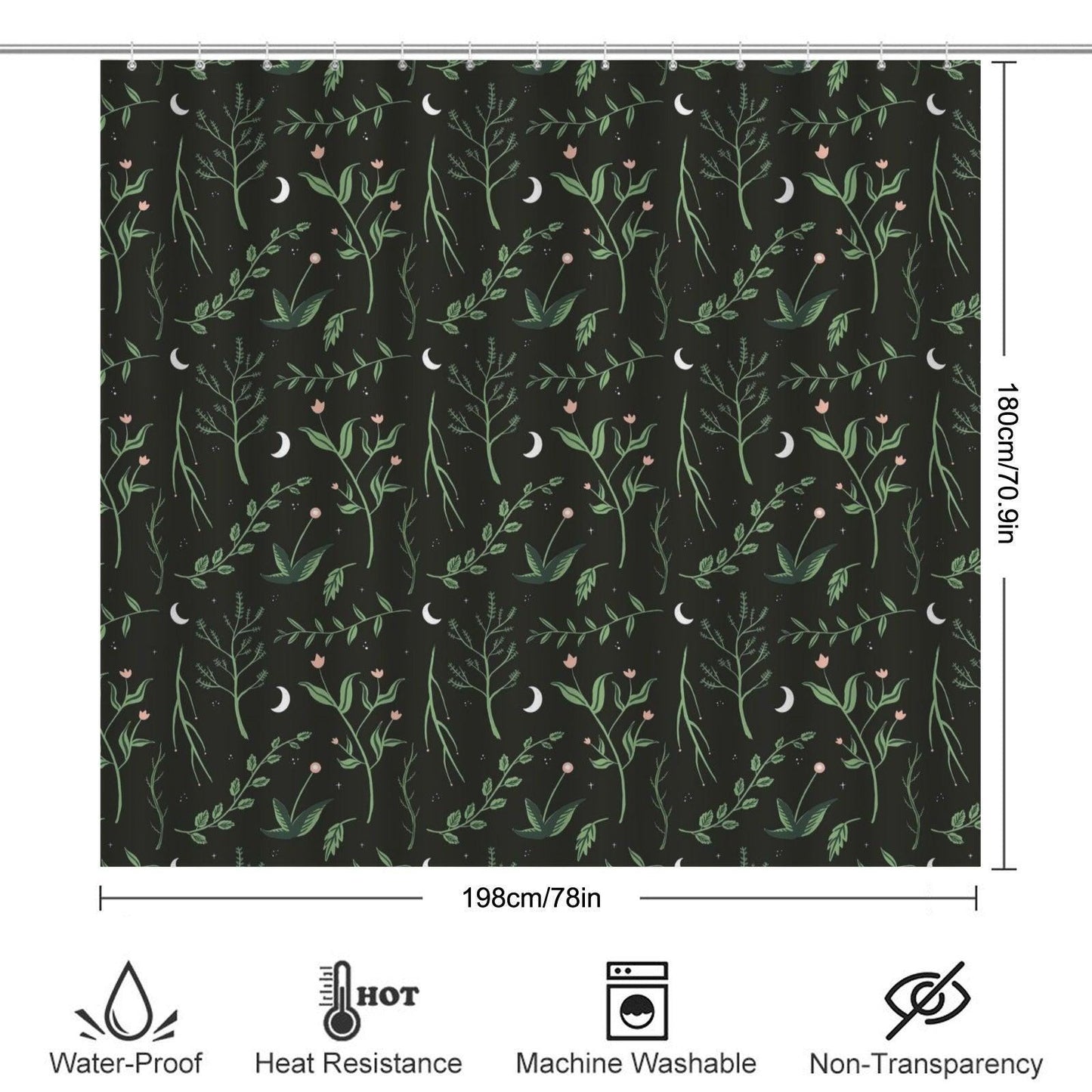 Crescent Moon Botanical Shower Curtain, Dark Floral Bathroom Decor, Cottagecore Guest Bath Accent