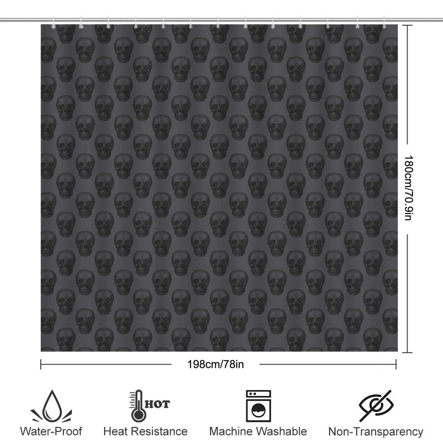 Repeating Skull Shower Curtain, Charcoal Gray Gothic Bath Decor