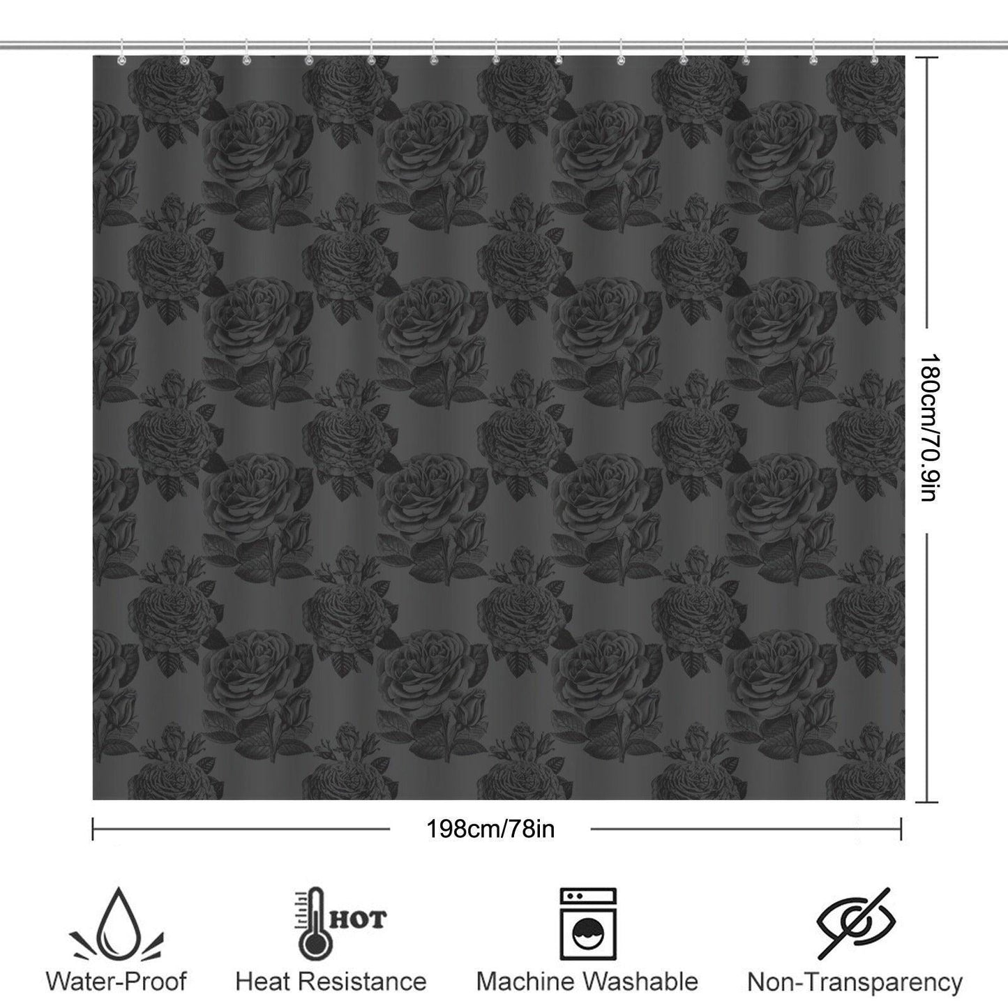 Dark Rose Shower Curtain, Black Botanical Bathroom Decor, Moody Romantic Gothic Guest Bath Accent