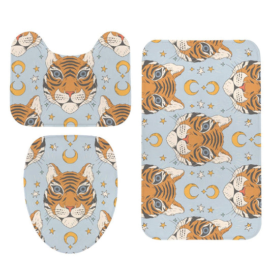 Boho Tiger Celestial Bath Rug Set, Moon Stars Bathroom Decor, Whimsical Tiger Mat