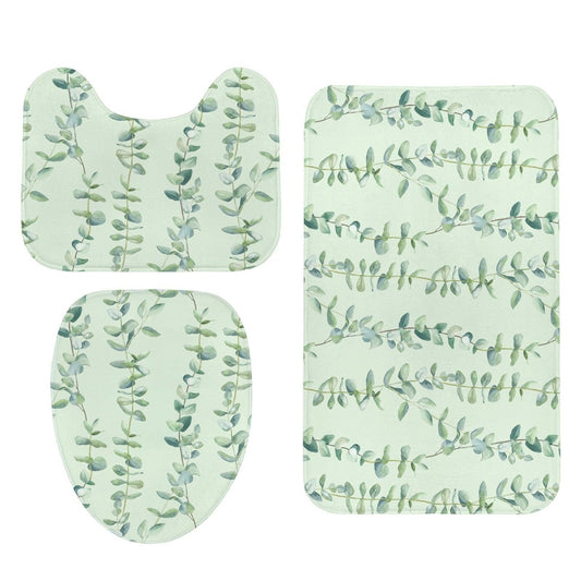 Eucalyptus Bathroom Rug Set, Sage Green Leaf Bath Mat, 3-Piece Spa Style Toilet Rug