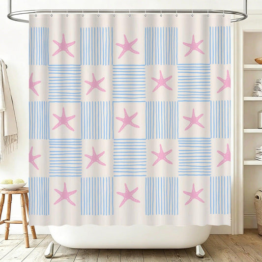 Pink Starfish Stripe Shower Curtain, Coastal Beach Bathroom Decor
