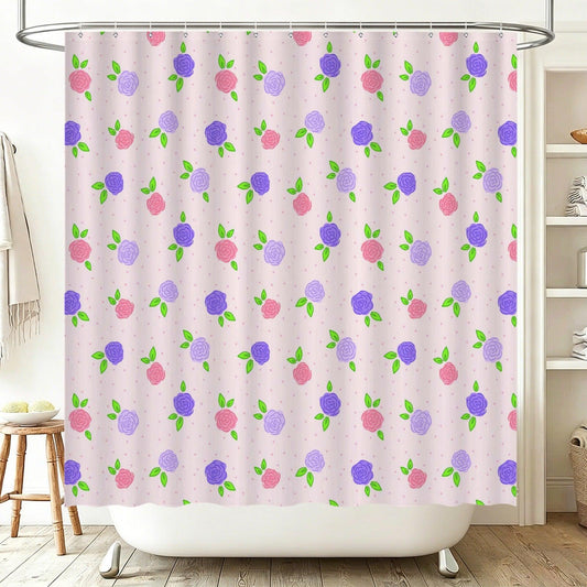 Floral Shower Curtain, Pink Purple Roses, Cottagecore Bathroom Decor