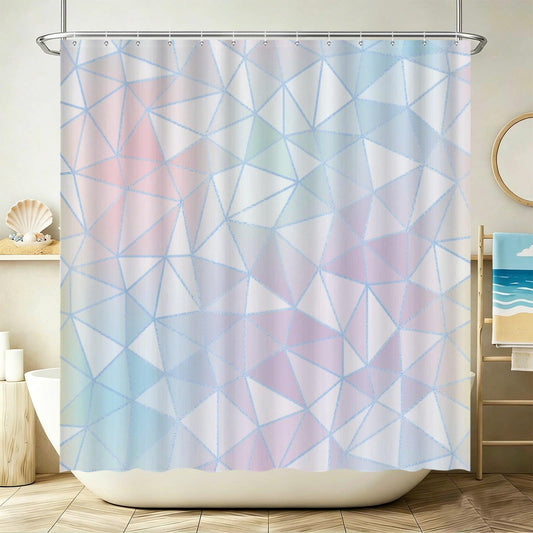 Pastel Geometric Shower Curtain, Abstract Triangle Bath Decor, Modern Blue Pink Bathroom Curtain