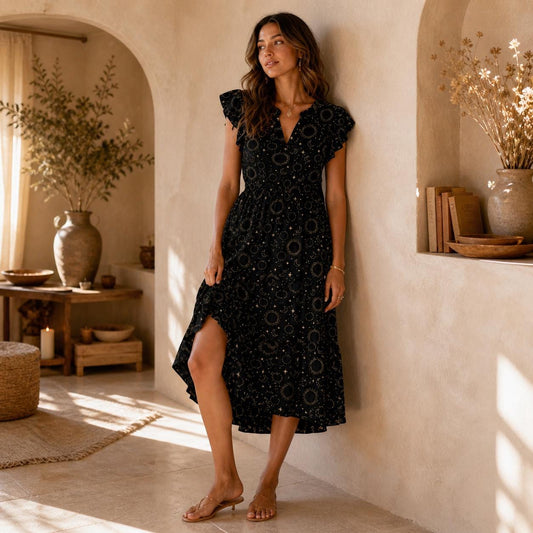 Sun Moon Midi Dress, Celestial Black Flutter Sleeve Dress, Astrology Tiered Outfit for Women