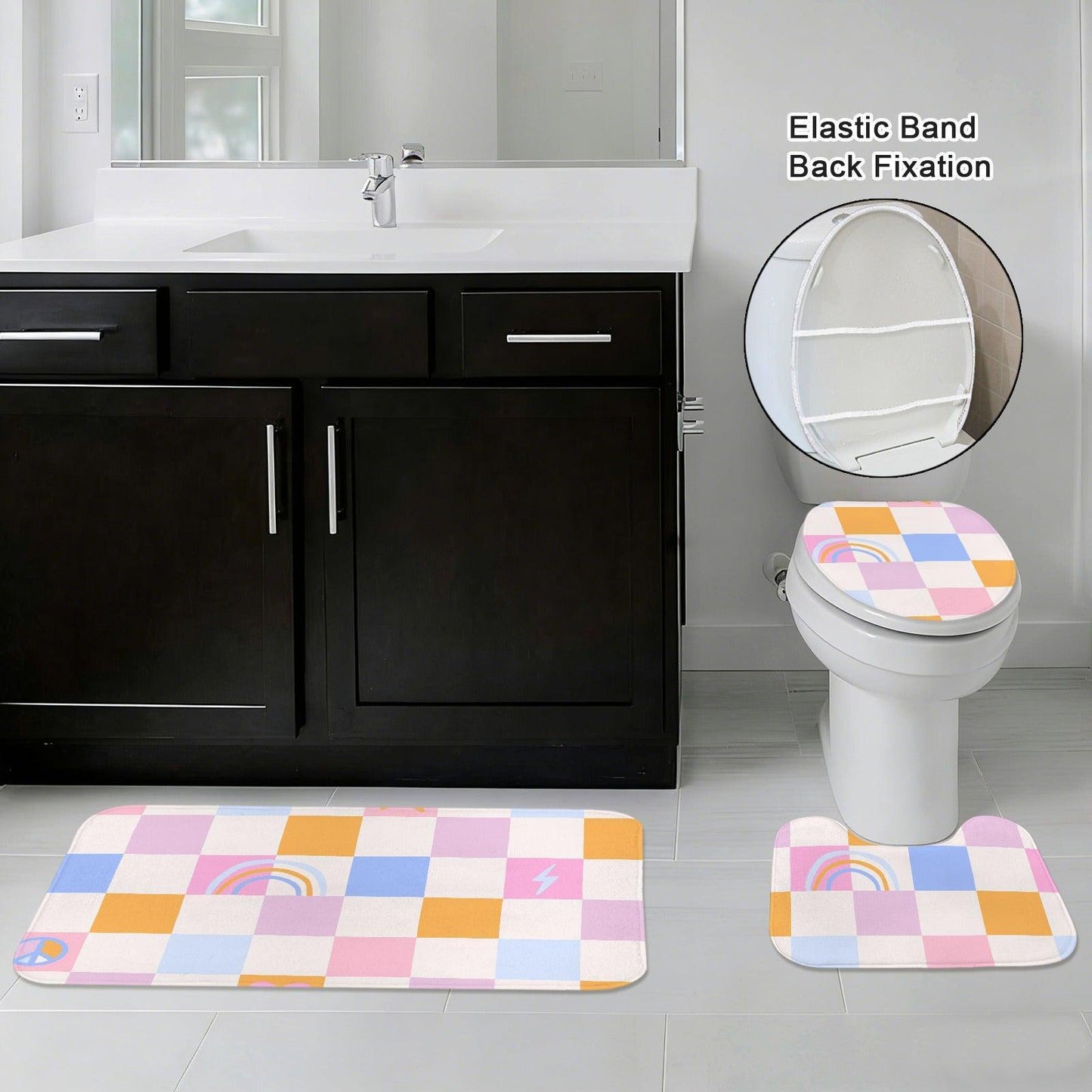 Checkered Shower Curtain, Pastel Rainbow Peace Sign, Retro Y2K Bathroom Decor