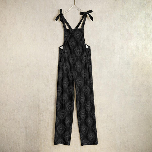 Skull Print Overalls, Black Gothic Jumpsuit, Witchy Wide Leg One Piece