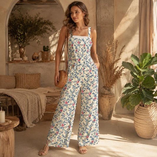 Cottagecore Floral Bird Jumpsuit, Wide Leg Summer Romper With Pockets