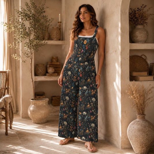Dark Floral Palazzo Jumpsuit, Moody Botanical Wide Leg Outfit
