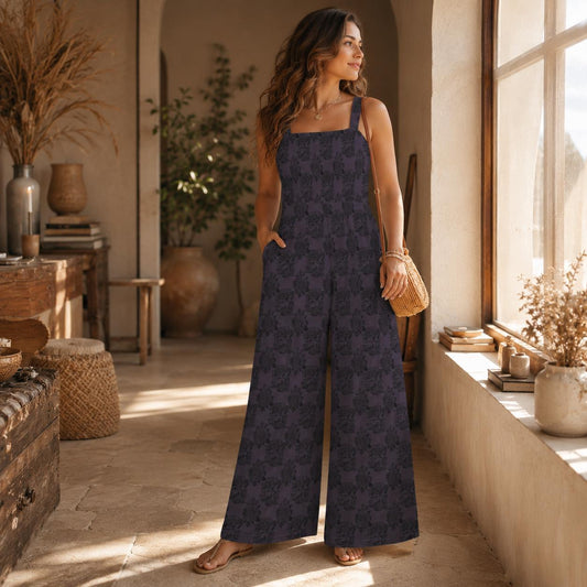 Dark Floral Wide Leg Jumpsuit with Pockets, Boho Sleeveless Romper, Moody Rose Outfit