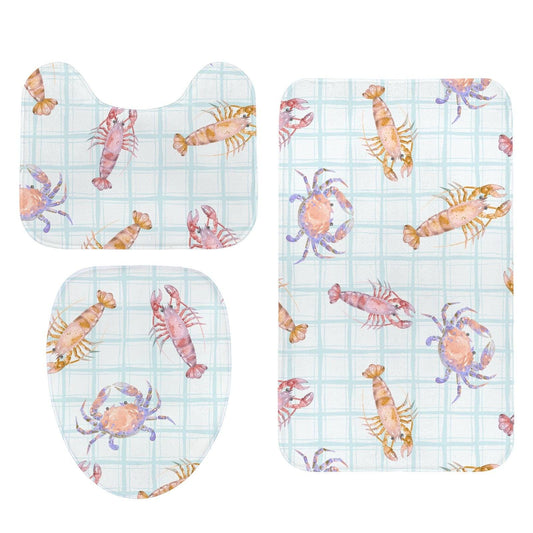 Seafood Bathroom Rug Set, Lobster Crab Shrimp Bath Mat, Coastal Plaid Decor