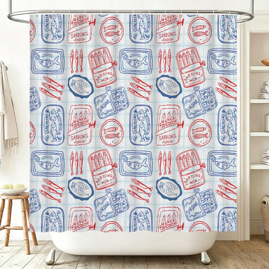 Tinned Fish Shower Curtain, Retro Seafood Bath Decor, Red Blue Coastal Print