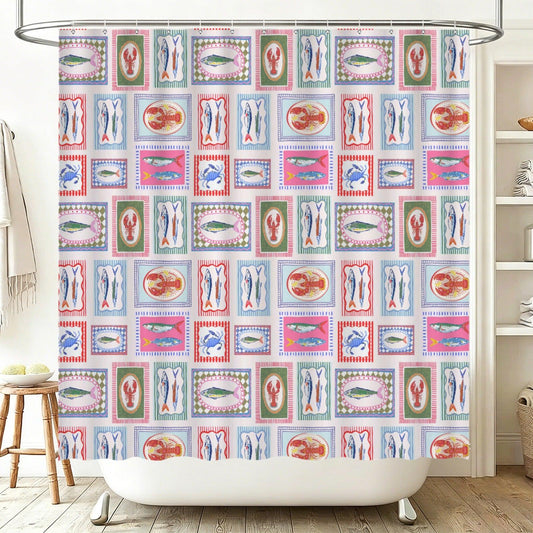 Seafood Tile Shower Curtain, Colorful Coastal Bathroom Decor, Fish Lobster Crab Bath Accent