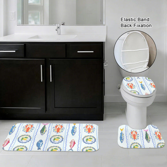 Coastal Seafood Bathroom Rug Set, Lobster Fish Lemon Beach House Decor