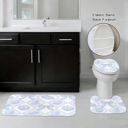Blue Lattice Shell Bath Mat Set, Coastal Bow Toilet Rug, Seaside Bathroom Decor