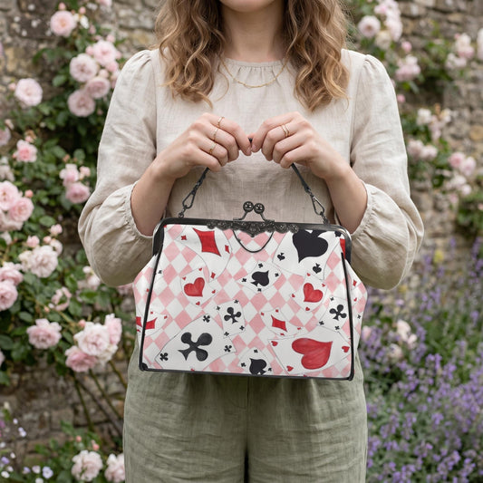 Alice Inspired Harlequin Card Suit Kiss Lock Bag, Pink Wonderland Handbag