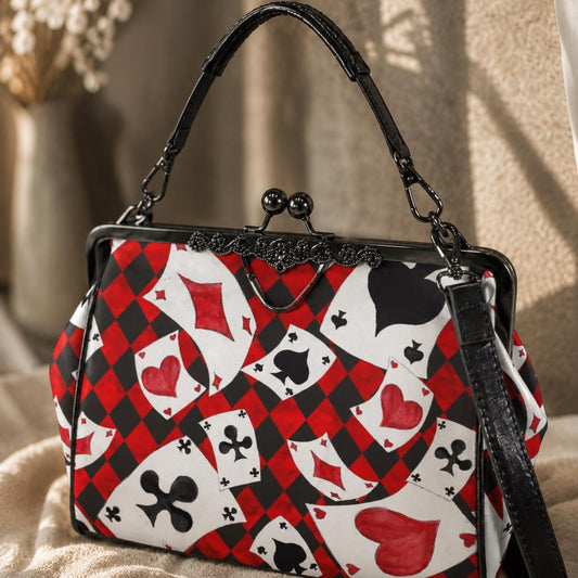 Alice in Wonderland Kisslock Bag, Queen of Hearts Purse, Red Harlequin Handbag