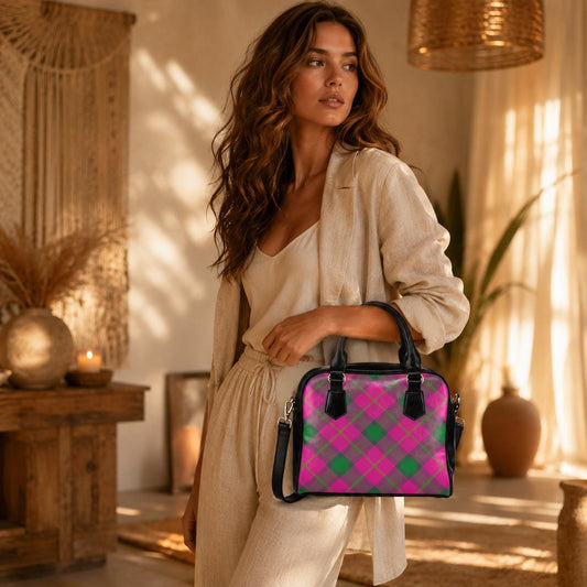 Pink green plaid satchel bag, pastel punk crossbody purse, kawaii grunge handbag for women
