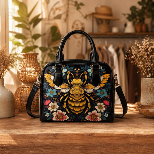 Bee Handbag Floral Satchel Purse, Botanical Crossbody Bag for Nature Lovers