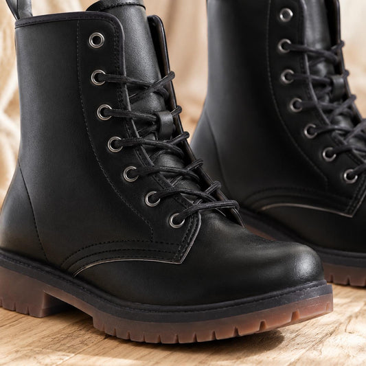 Black Vegan Leather Combat Boots, Lace-Up Platform Ankle Booties