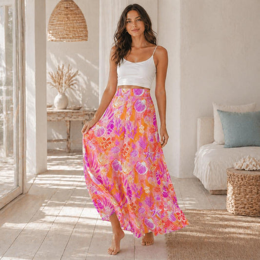 Pink Shell Wide Leg Pants, Tropical Coral Reef Beach Loungewear, Summer Vacation Bottoms