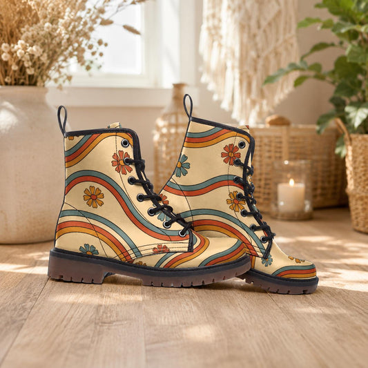 Retro Daisy Combat Boots, Vegan Leather, Rainbow Lace-Up Shoes, 70s Flower Platform Boots