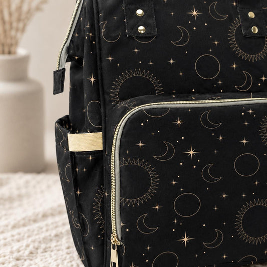 Celestial Diaper Backpack, Moon Star Baby Bag, Black Mom Backpack