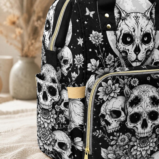 Gothic Diaper Bag Backpack, Skull Cat Mom Backpack, Baby Travel Organizer