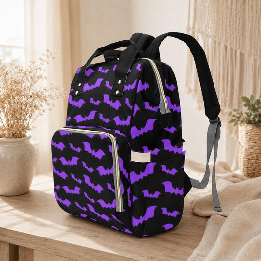 Purple Bat Diaper Bag Backpack, Gothic Baby Travel Bag, Halloween Stroller Bag