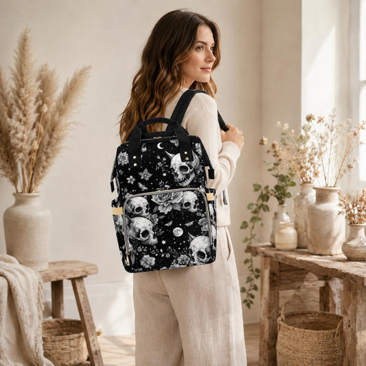Diaper Bag Backpack, Gothic Skull Mom Bag, Celestial Baby Travel Bag