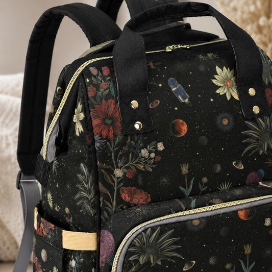 Floral Galaxy Diaper Backpack, Celestial Space Nursery Bag for Moms