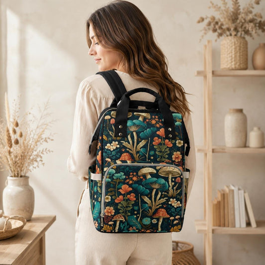 Botanical Diaper Backpack, Cottage Mushroom Baby Bag, Floral Mom Backpack