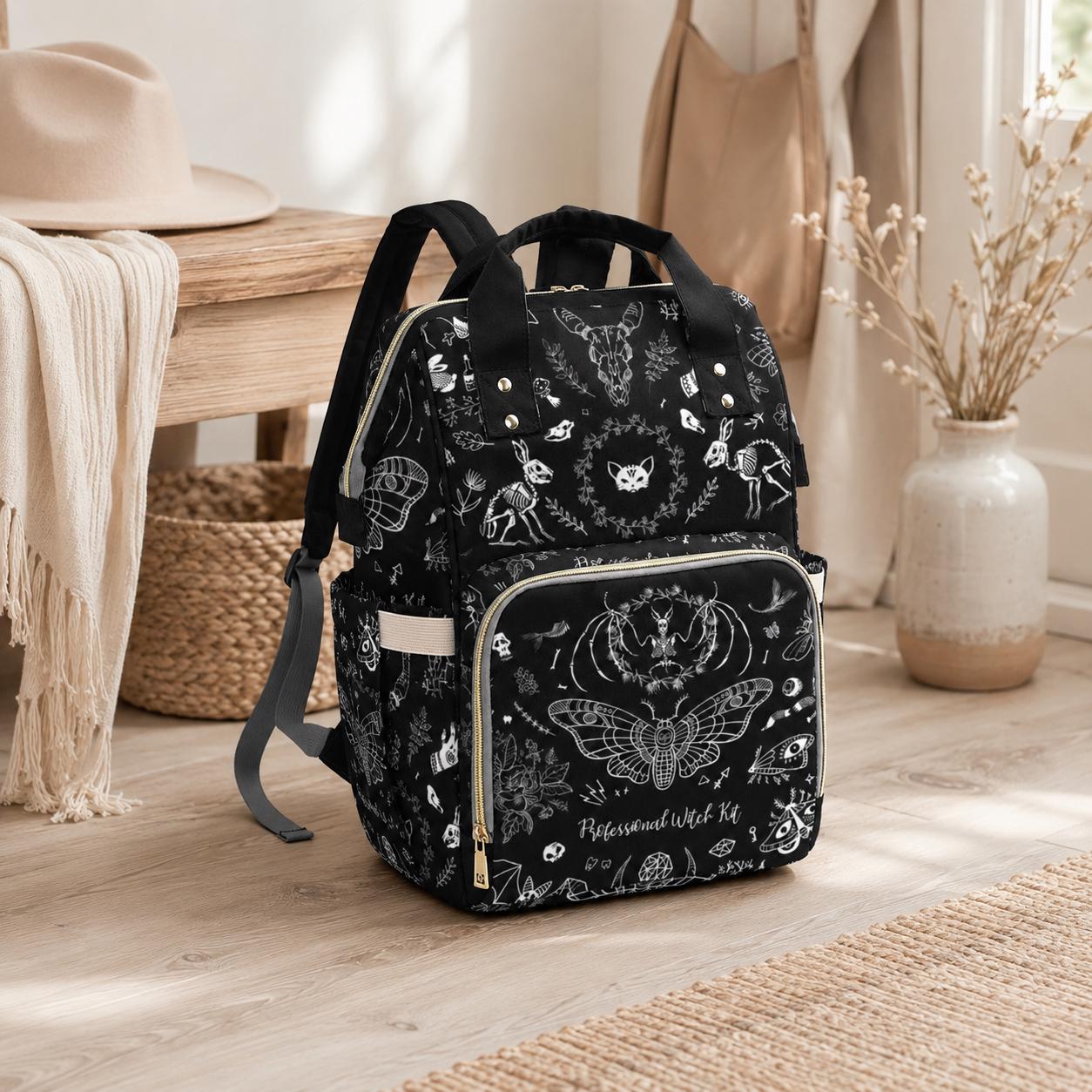 Occult Diaper Bag Backpack, Monochrome Witchy Mom Bag, Mystical Baby Travel Backpack, Moon Nursery Organizer, Black Stroller Pack