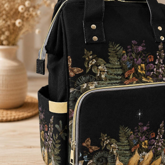 Woodland Animal Diaper Bag Backpack, Dark Floral Stroller Bag, Moonlit Nursery Organizer