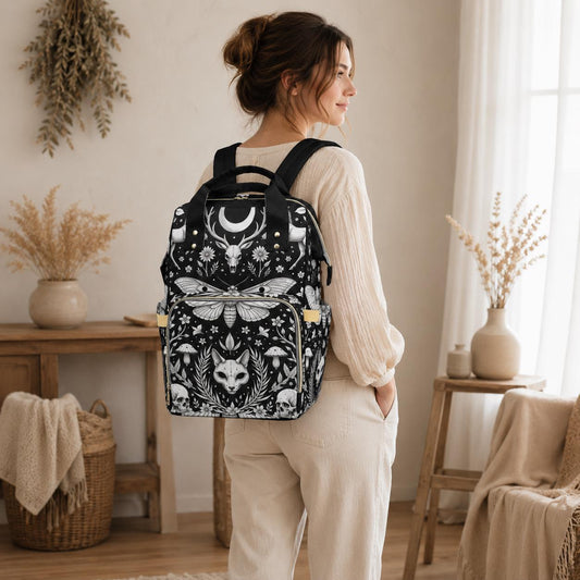 Celestial Diaper Bag Backpack, Monochrome Moth Nursery Organizer, Black Baby Travel Bag