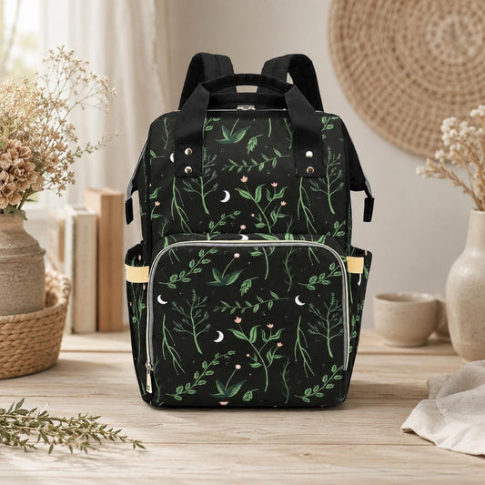 Diaper Backpack with Moon Floral Print, Baby Travel Bag, Mom Backpack, Nursery Organizer