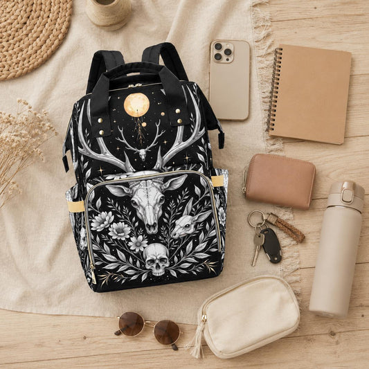 Gothic Diaper Backpack, Deer Skull Baby Bag, Celestial Mom Backpack